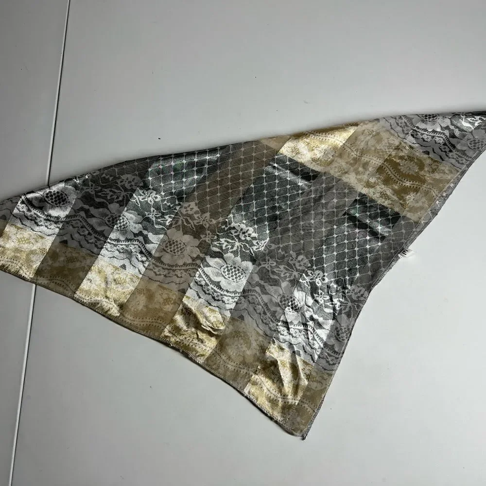 Rare Luxury JACQUARD CHARCOAL BOHEMIAN SCARF PLATINUM GOLD 19”x19”